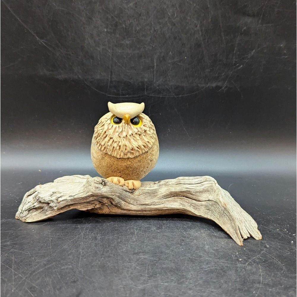 Vintage Handmade Whimsical Folk Art Stone Owl Figurine Driftwood Base 4"